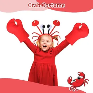 Child wearing a red crab performance set including claws and headband for Halloween.