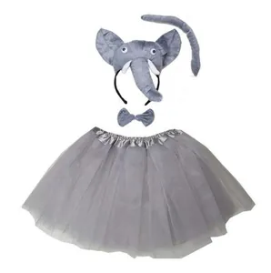 Grey elephant costume set including trunk headband, bow tie, tail, and tutu skirt.