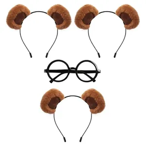 Set of three cute plush brown panda ear headbands and black round glasses frames