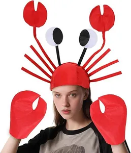High-quality detail of red crab claw gloves and eye headband costume set for Halloween party