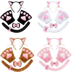 Cute plush cat ear headband and paw gloves cosplay accessory set in four colors