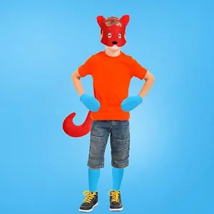 Détails d'un ensemble de déguisement de renard pour enfant avec masque rouge et gants bleus
