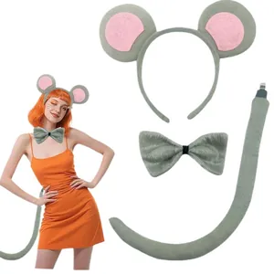 Grey plush animal mouse cosplay 3-piece set including ear headband, bow tie and tail