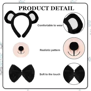Detalles macro del conjunto de diadema de orejas de oso de peluche, hocico y pajarita