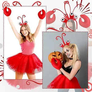 Detail of lobster costume set featuring headband, red claw gloves, and matching tutu.