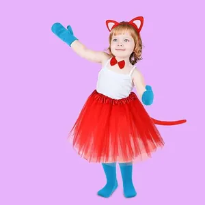 Déguisement de chat pour enfant avec tutu rouge et accessoires bleus complets pour Halloween