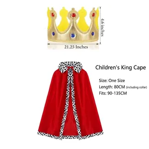 Kids king costume set with red cloak and gold crown, including detailed measurements.