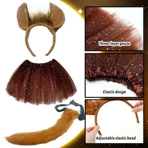 Detail shots of brown animal ears headband, star sequin tutu skirt, and plush tail set