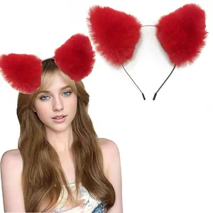 Detailed view of plush red cat ear headband for Halloween cosplay and costume parties.