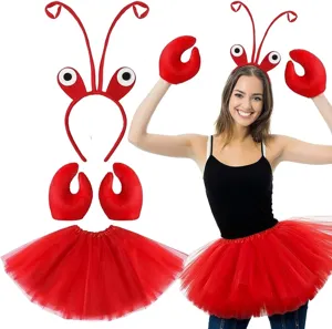 Conjunto de disfraz de langosta roja con guantes, diadema y falda de tutú roja.