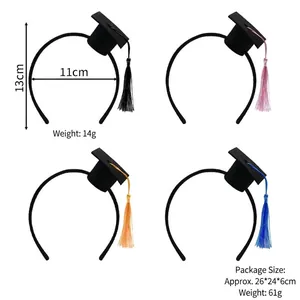 Detailed size specifications of four mini graduation cap headbands with colorful tassels