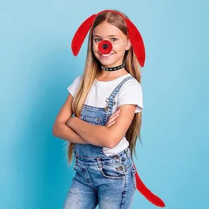 Set de costume de chien rouge complet 4 pièces avec oreilles, nez, collier et queue pour enfant