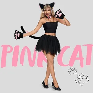 Detailed view of the black plush cat costume set with furry paws and ear headband