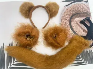 Furry brown monkey ear headband and long tail accessory set for Halloween cosplay