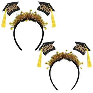 Festive graduation headband featuring gold tinsel stars and mini black grad caps