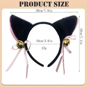 Black plush cat ear headband with pink ribbons and gold bells, size detail view 20x18cm