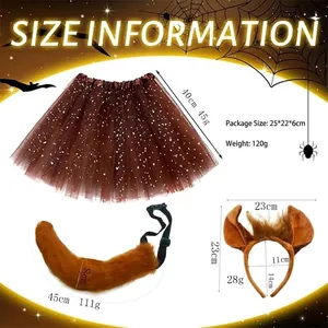 Detail view of Halloween costume set including tutu skirt, ears headband, and tail measurements