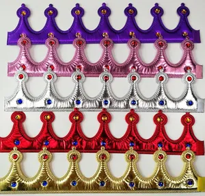 Five colorful fabric birthday crowns with faux gemstones for party decorations
