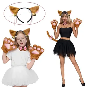 Cute plush brown cat ear headband set with paws and tail for kids and adult cosplay