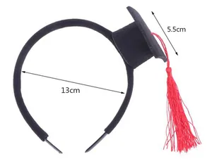 Close-up of mini graduation cap headband showing 13cm diameter and 5.5cm cap size