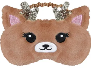 Detailed view of the cute plush reindeer sleep mask with glittery antlers and embroidery