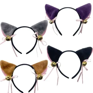 Plush cat ear headband with bells and ribbons in four different colors