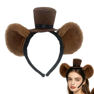 Cute brown plush animal headband with panda ears and a miniature top hat for women