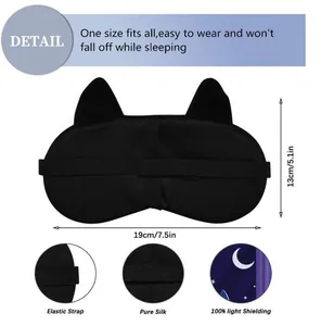 Detailed dimensions and features of black silk cat ear sleep mask with elastic strap