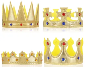 Detail showing four different styles of golden fabric birthday crowns with colorful gems