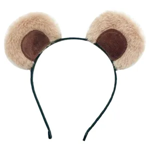 Cute plush panda ear headband for women with soft tan and brown faux fur