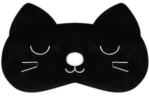 Close-up detail of a soft black cat plush eye mask for comfortable sleep and travel