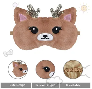 Detail view of plush reindeer sleep mask showing its cute design and breathable texture