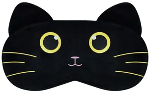 Detailed view of the cute black cat cartoon plush eye mask with yellow eyes
