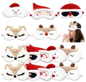 Various festive plush sleep masks in Santa, snowman, and reindeer shapes for Christmas gifting.