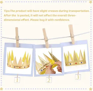 Detail showing the assembly steps of a golden glitter party crown hat for celebrations