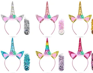 Six-pack of colorful unicorn headbands with matching jars of glitter for birthday parties