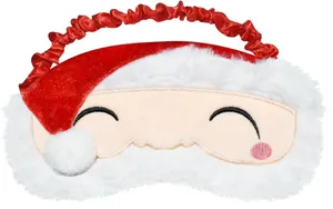 Detailed close-up view of a festive Santa Claus plush Christmas sleep mask with elastic strap