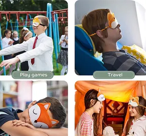 Four-panel detail showing cute animal plush sleep masks used for gaming, travel and rest.