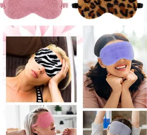Selection of plush rabbit fur sleep masks displayed in various lifestyle settings.