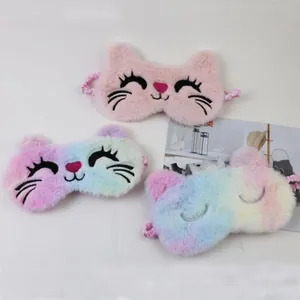 Cute plush cartoon cat sleep masks set with gradient rainbow and soft pink colors