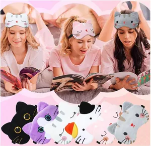 Models wearing cute plush cat eye masks for sleeping, variety of cartoon designs