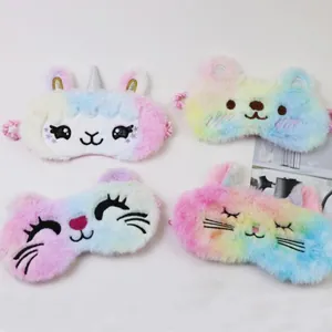 Set of plush rainbow unicorn and cat sleep eye masks with cute embroidered cartoon animal faces