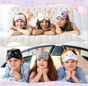 A selection of cute cartoon plush cat sleep masks for adults and children in multiple colors
