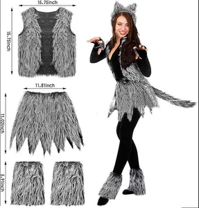 Gray faux fur wolf costume set with vest, skirt and leg warmers for Halloween.
