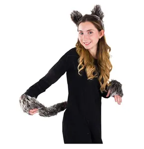 Detailed view of handmade wolf ear headband and tail set worn by model for Halloween cosplay