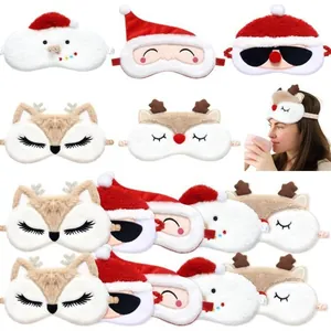 Plush Christmas sleep masks set featuring cute Santa, Snowman, and Reindeer characters
