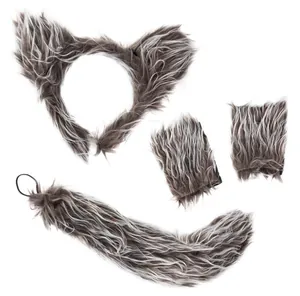 Grey and white faux fur cat ears, tail and wrist cuffs set for cosplay costumes