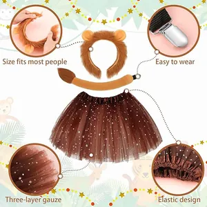 Detailed view of lion costume set featuring fluffy headband, tail and sparkly brown tutu