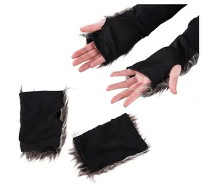 Detail of black faux fur fingerless gloves for Halloween cat cosplay costumes.