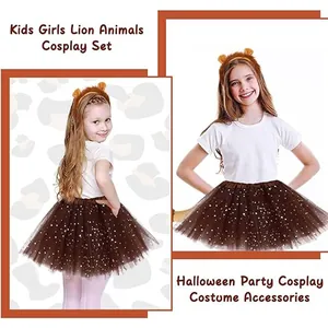 Kids girls lion animal cosplay costume set with ear headband and brown mesh tutu skirt